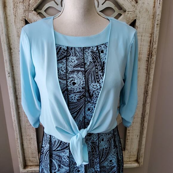 Perceptions Women's Sleeveless Shift Midi Dress with Tie Front Cardigan in Blue - Picture 3 of 11